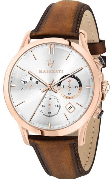 Maserati Ricordo Chronograph Silver Dial Brown Leather Strap Watch  