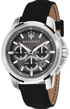 Maserati Successo 44mm Grey Dial Black Leather Strap Watch For Men - R8871621006