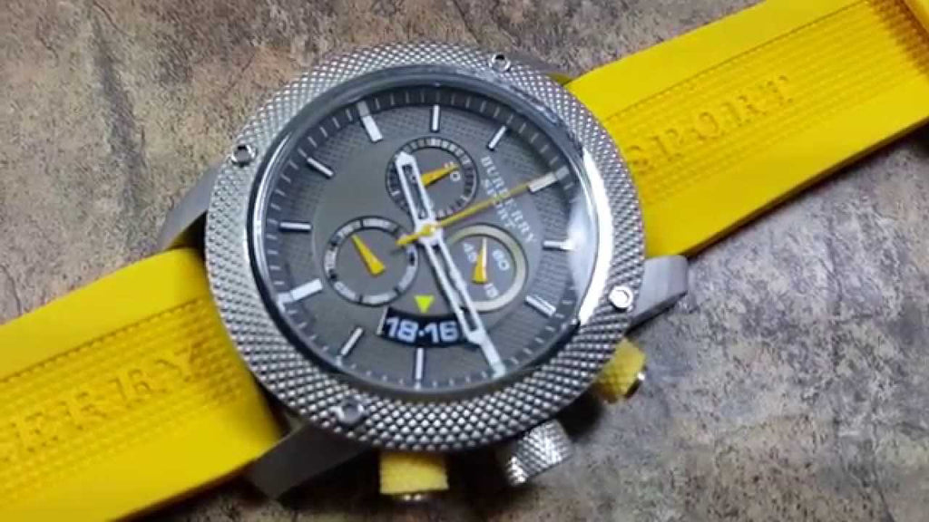 Burberry Sport Chronograph Grey Dial Yellow Rubber Strap Watch for Men - BU7712