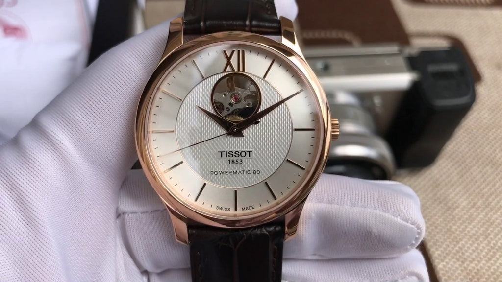 Tissot Tradition Powermatic 80 Open Heart Silver Dial Brown