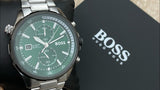 Hugo Boss Globetretter Green Dial Silver Steel Strap Watch for Men - 1513930