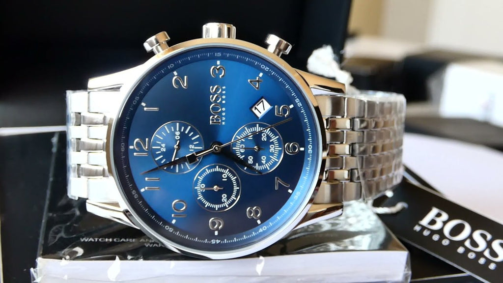 Strap Silver for Blue Men Steel Watch Boss Hugo Chronograph Dial Navigator