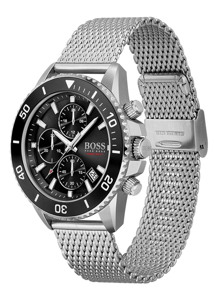 Hugo Boss Ocean Edition Black Dial Silver Mesh Bracelet Watch for Men - 1513701