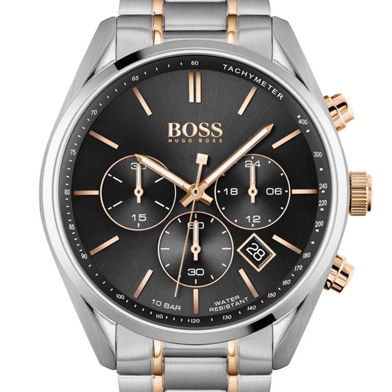 Hugo Boss Champion Black Dial Two Tone Steel Strap Watch for Men