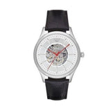 Emporio Armani Meccanico Silver Skeleton Dial Black Leather Strap Watch For Men - AR2072