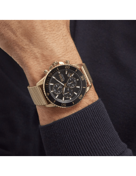 Hugo Boss Admiral Mesh Chronograph Gold Watch Bracelet Men Black Dial for