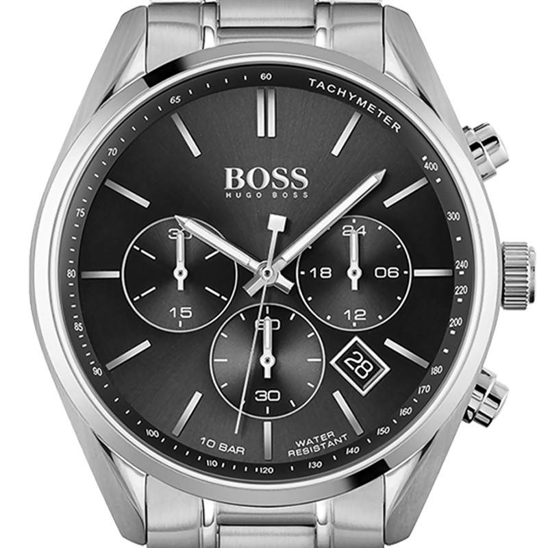 Hugo Boss Champion Black Dial Silver Steel Strap Watch for Men - 1513871