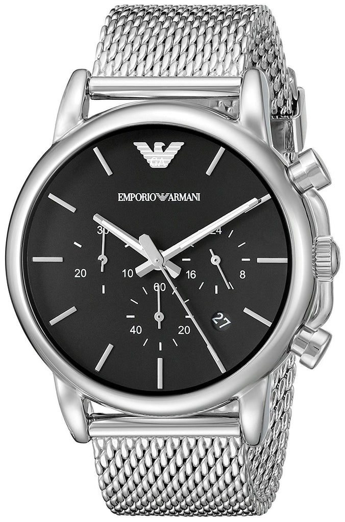 Silver Watch Black Emporio For Chronograph Luigi Dial Bracelet Armani Mesh Men
