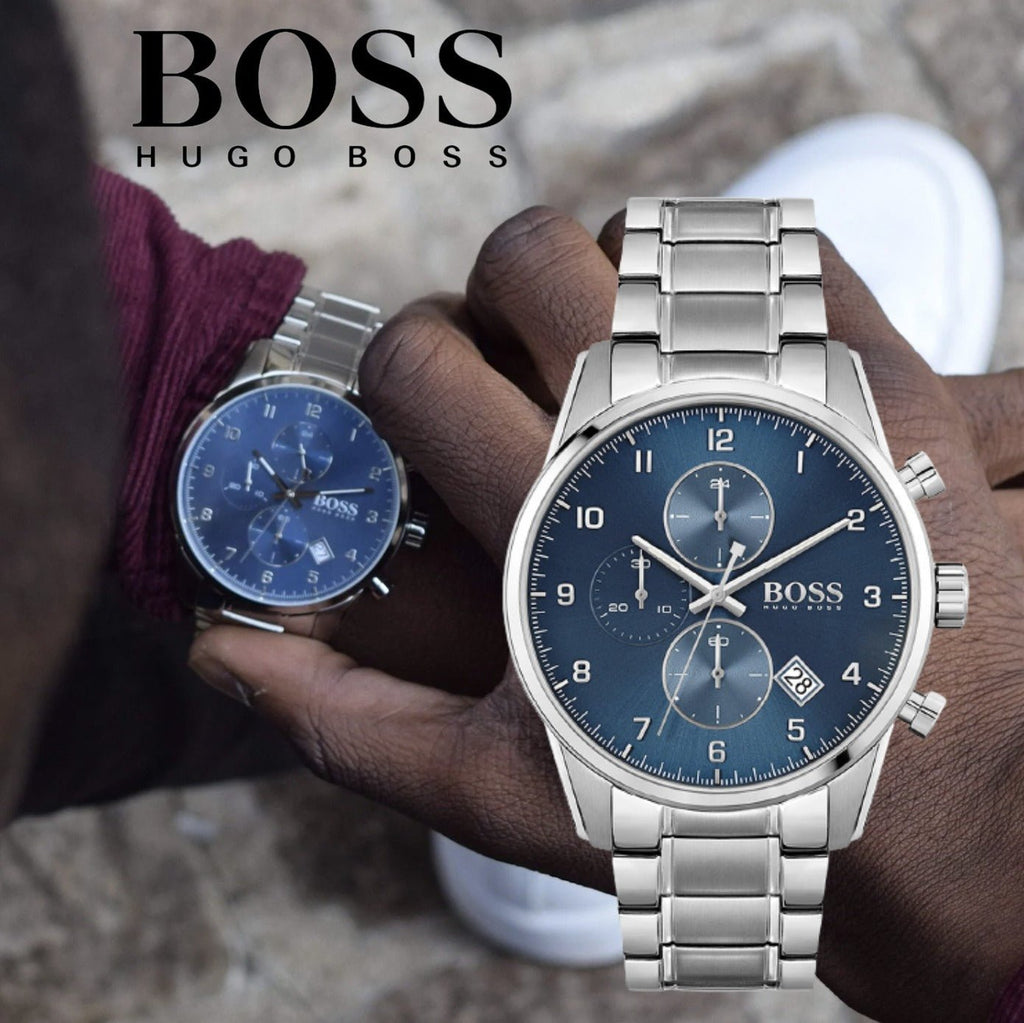 Hugo Boss Skymaster Blue Dial Silver Steel Strap Watch for Men - 1513784