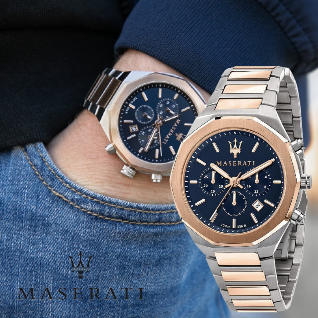 Maserati Stile Chronograph Blue For Men Tone Gold Dial Rose Two Strap Watch