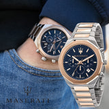 Maserati Stile Chronograph Blue Dial Rose Gold Two Tone Strap Watch For Men - R8873642002