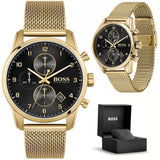 Hugo Boss Skymaster Black Dial Gold Mesh Bracelet Watch for Men - 1513838