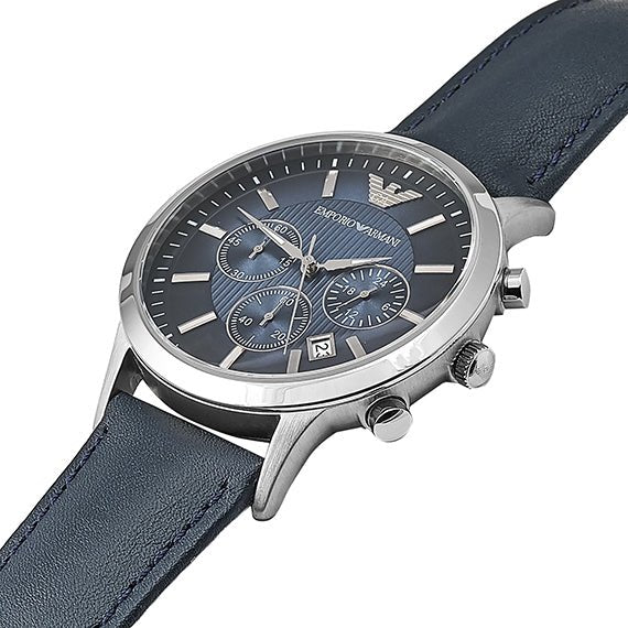 Blue Chronograph Dial Men Armani Watch Classic Strap Blue For Leather Emporio