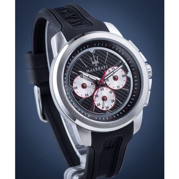 Maserati SFIDA Chronograph Black Silver Dial Black Rubber Strap Watch For Men - R8851123001