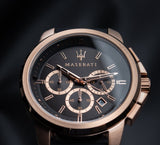 Maserati Successo 44mm Black Rose Gold Dial Black Rubber Strap Watch For Men - R8871621012