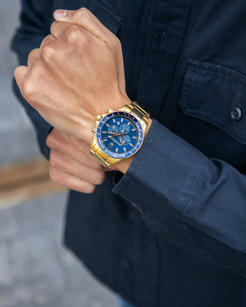 Maserati SFIDA Analog Steel Dial Men Blue Gold Watch For Stainless