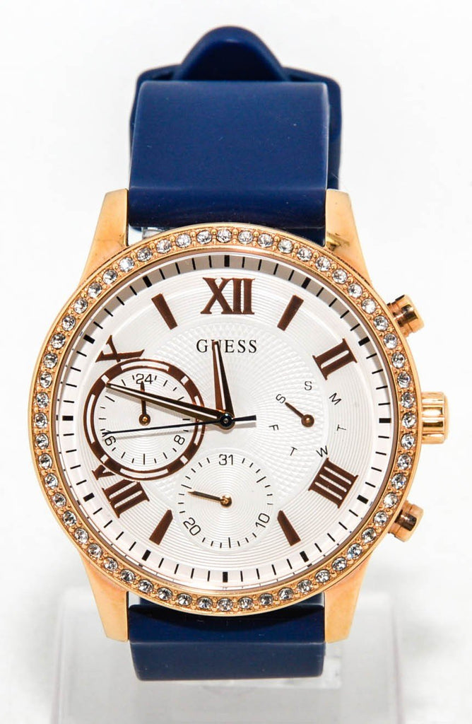 Guess Solar White Rose Gold Dial Blue Rubber Strap Watch For Women