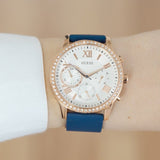 Guess Solar White Rose Gold Dial Blue Rubber Strap Watch For Women - W1135L3