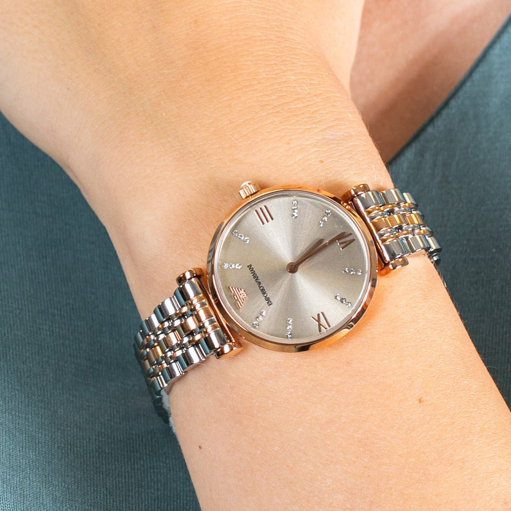 Emporio Armani Gianni T Bar Grey Dial Two Tone Steel Strap Watch