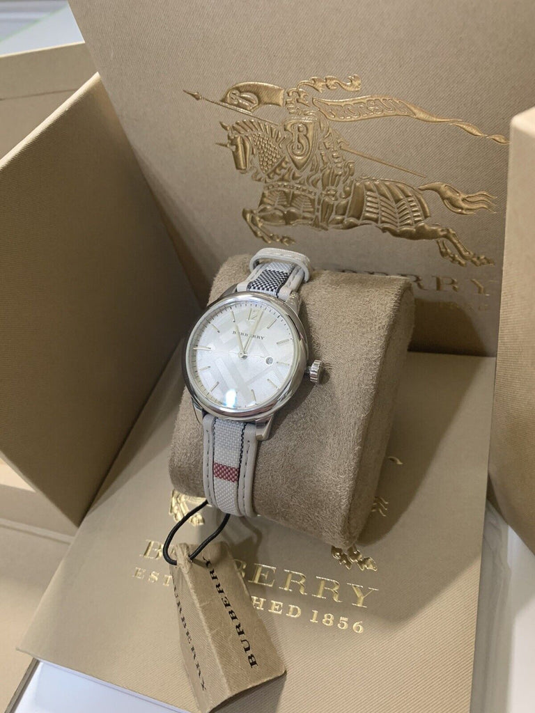 Burberry The Classic Silver Guilloche Dial Leather Strap Watch for Women - BU10113