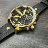 Diesel Mr Daddy Black & Gold Dial Black Leather Strap Watch For Men - DZ7371