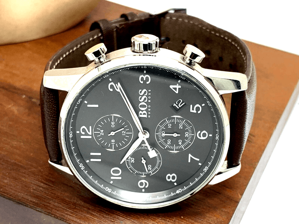 Hugo Boss Navigator Grey Dial Brown Leather Strap Watch for Men - 1513494
