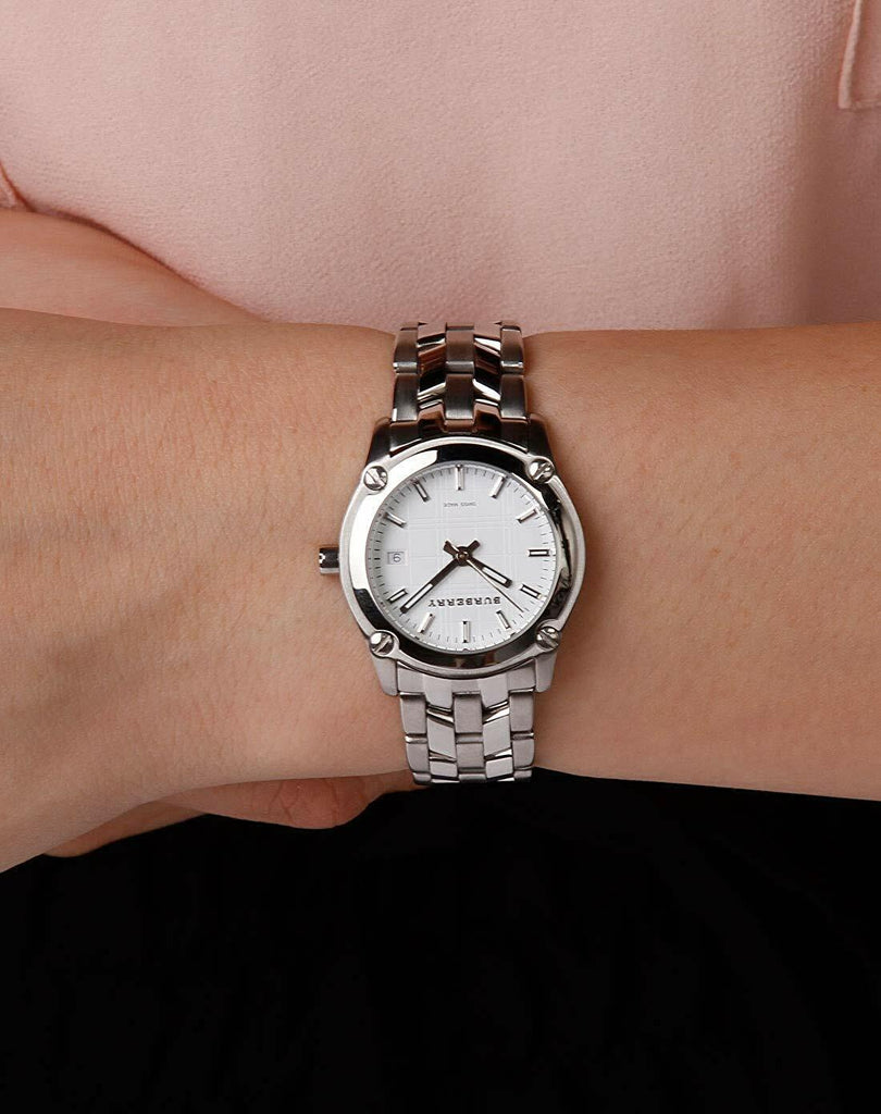Burberry Heritage Check White Dial Silver Steel Strap Watch for Women - BU1853