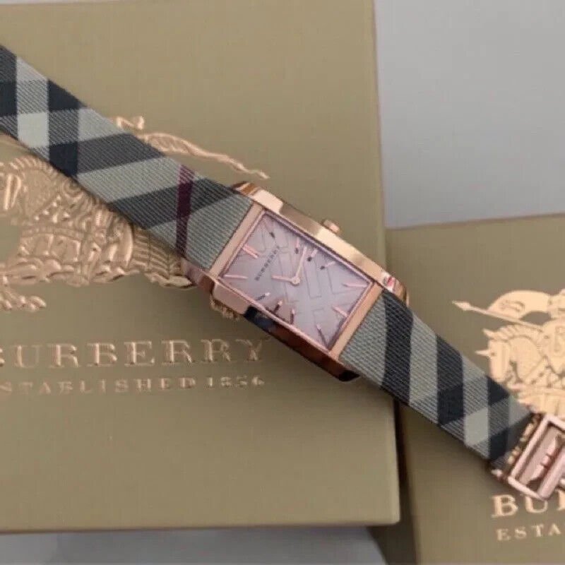 Burberry The Pioneer Rose Gold Dial Haymarket Leather Strap Watch for Women - BU9408