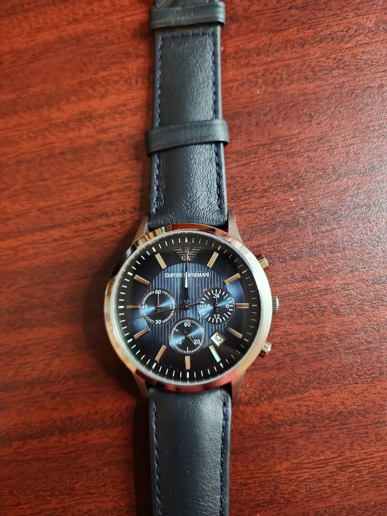 Emporio Armani Classic Chronograph Leather Men Strap Blue For Blue Watch Dial