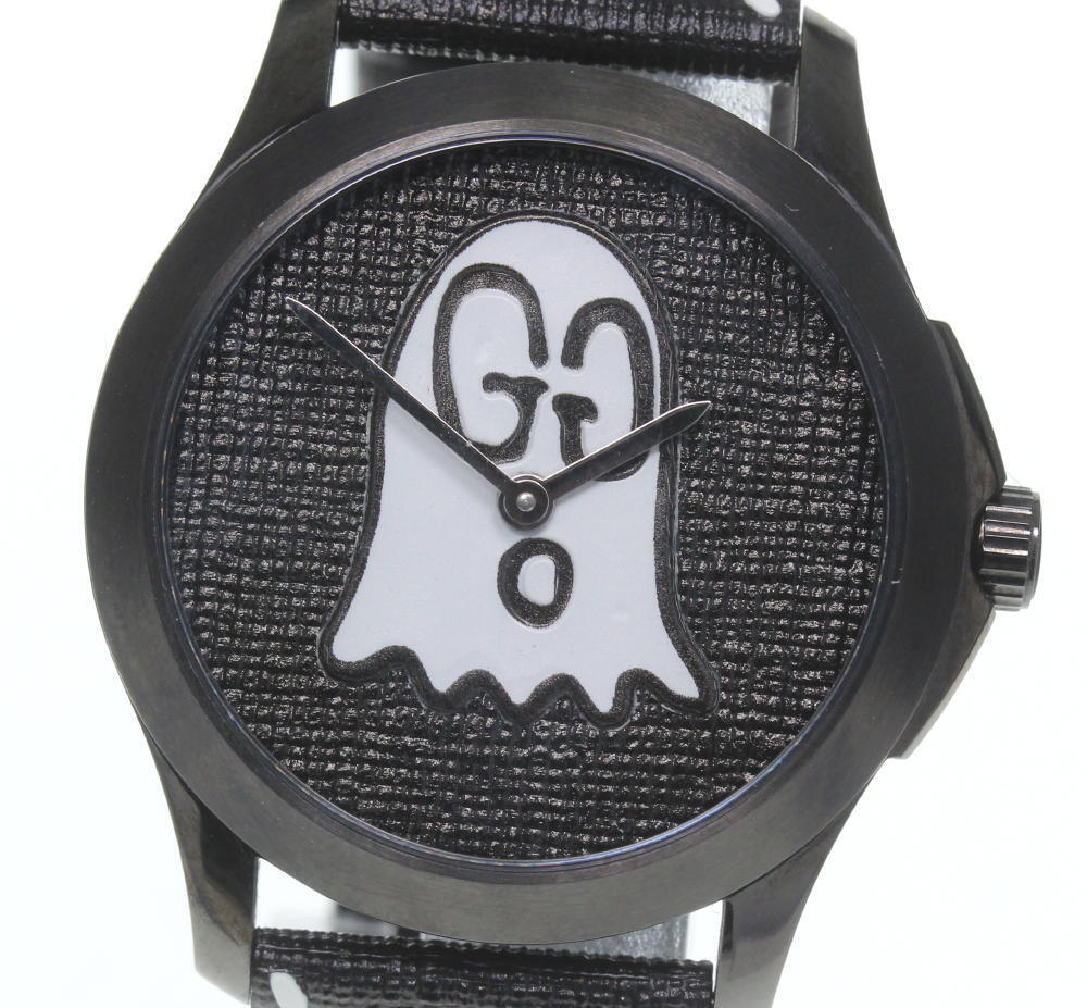 Gucci G Timeless Ghost Black Dial Black Leather Strap Watch For Men