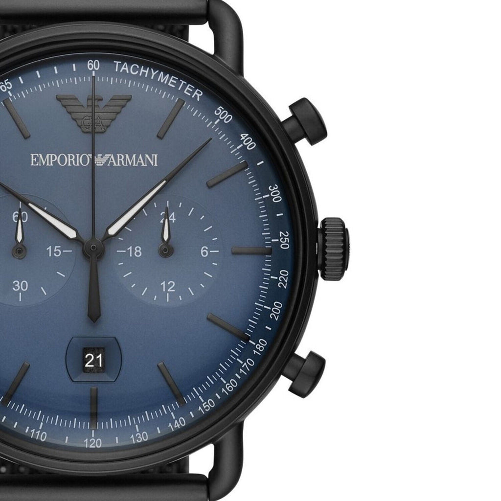 Emporio Armani Aviator Watch Chronograph For Men Blue Bracelet Black Dial Mesh