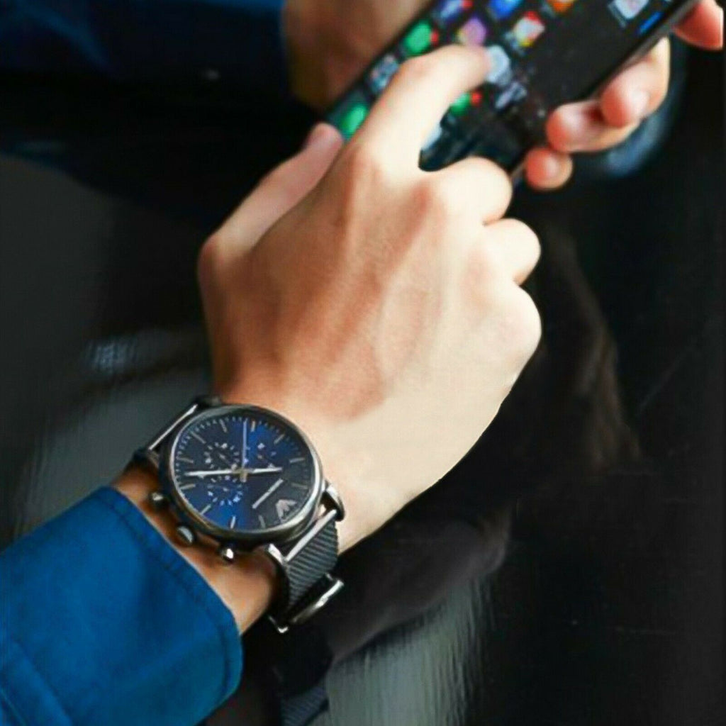 Emporio Armani Chronograph Blue Dial Gun Metallic Mesh Bracelet Watch For  Men