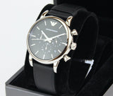 Emporio Armani Classic Chronograph Black Dial Black Leather Strap Watch For Men - AR1733