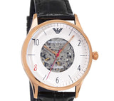 Emporio Armani Meccanico White Skeleton Dial Black Leather Strap Watch For Men - AR1924