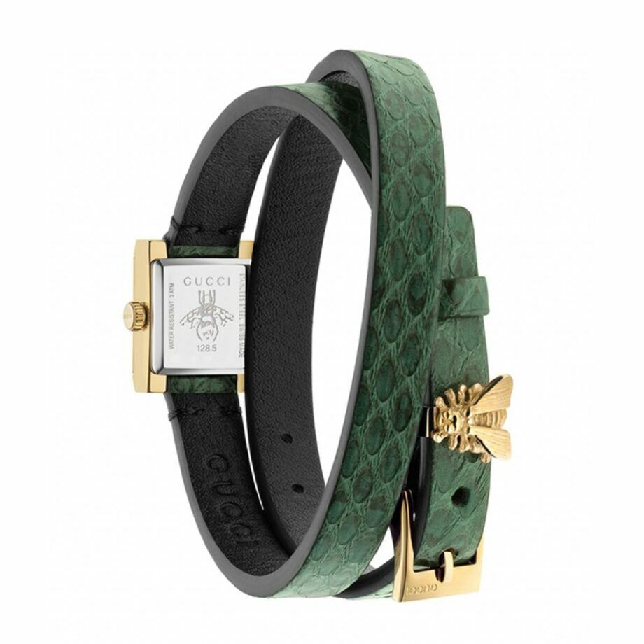 Gucci G Frame Double Mother of Pearl Dial Green Leather Strap Watch For Women - YA128525