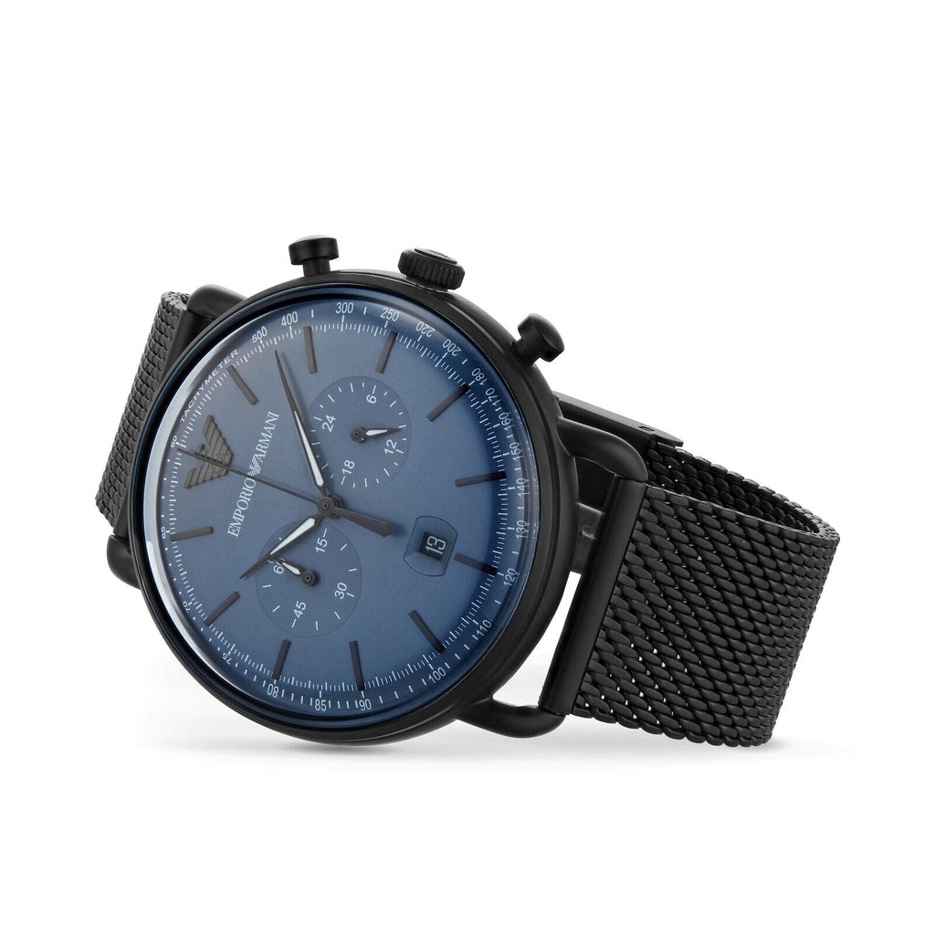 Emporio Armani Watch Dial Aviator Mesh Black Bracelet Men For Chronograph Blue