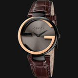 Gucci Interlocking G 18K Gold Black Dial Brown Leather Strap Watch For Women - YA133304