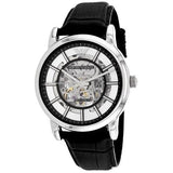 Emporio Armani Luigi Silver Skeleton Dial Black Leather Strap Watch For Men - AR1981