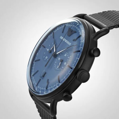Emporio Armani Aviator Chronograph Blue Watch Men Mesh For Bracelet Black Dial