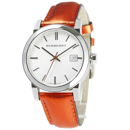 Burberry The City Silver Dial Orange Leather Strap Watch for Women - BU9121