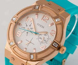 Guess Jet Setter White Dial Turquoise Silicone Strap Watch For Women - W0564L3