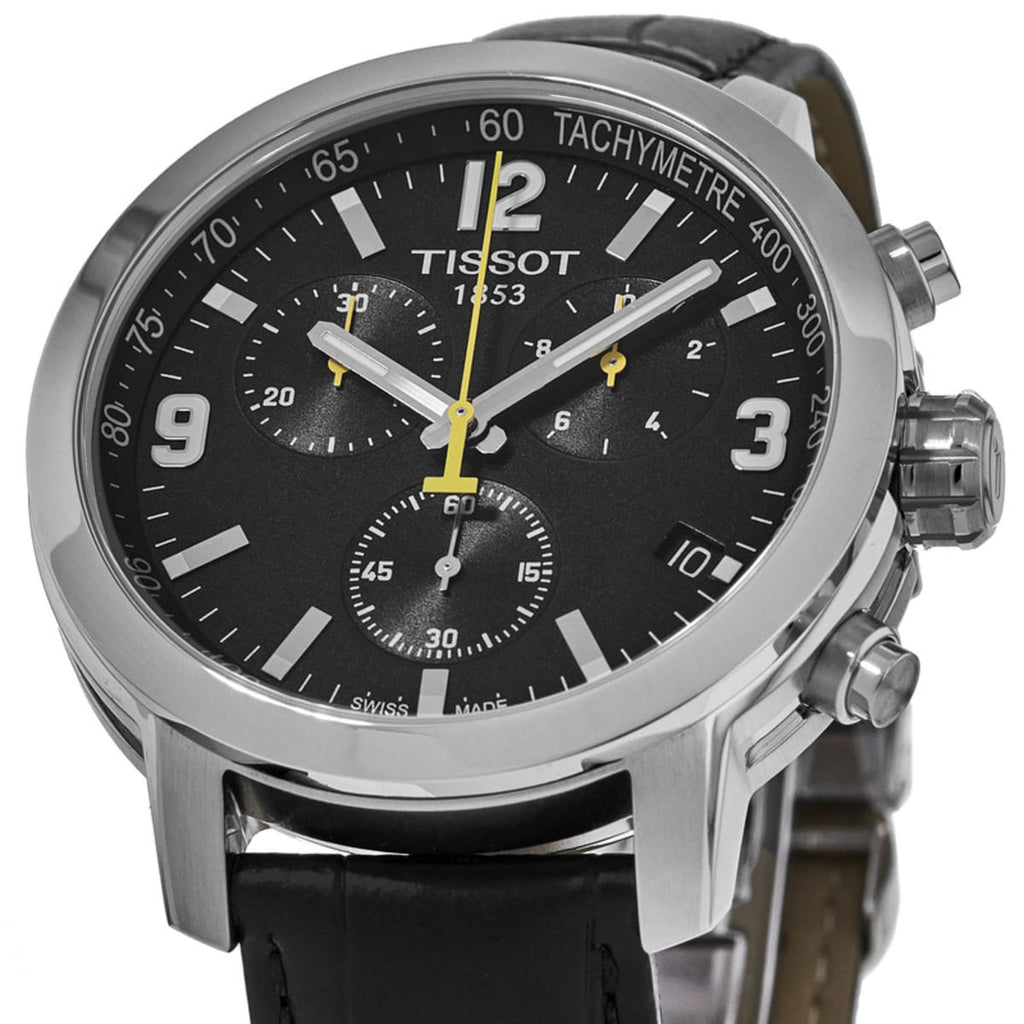 Tissot PRC 200 Chronograph Black Dial Black Leather Strap Watch For Men - T055.417.16.057.00