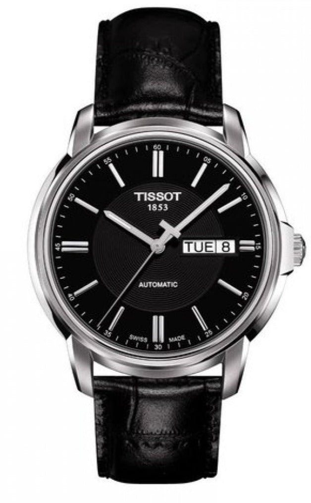 Tissot Automatics III Day Date Black Dial Black Leather Strap