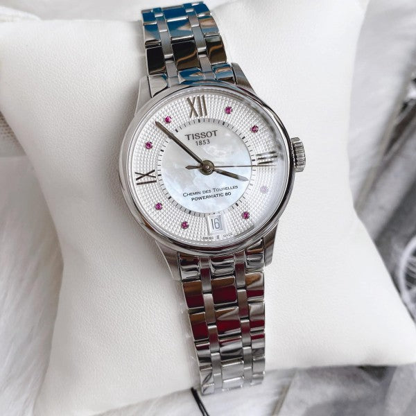 Tissot Chemin Des Tourelles Powermatic 80 Rubies Mother of Pearl Dial Silver Steel Strap Watch For Women - T099.207.11.113.00