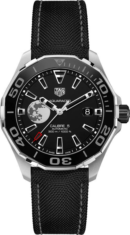  Tag Heuer Aquaracer Calibre 5 Black Moon Dial Black Fabric Strap Watch for Men - WAY201J.FC6370 by Tag Heuer sold by Watch Connection