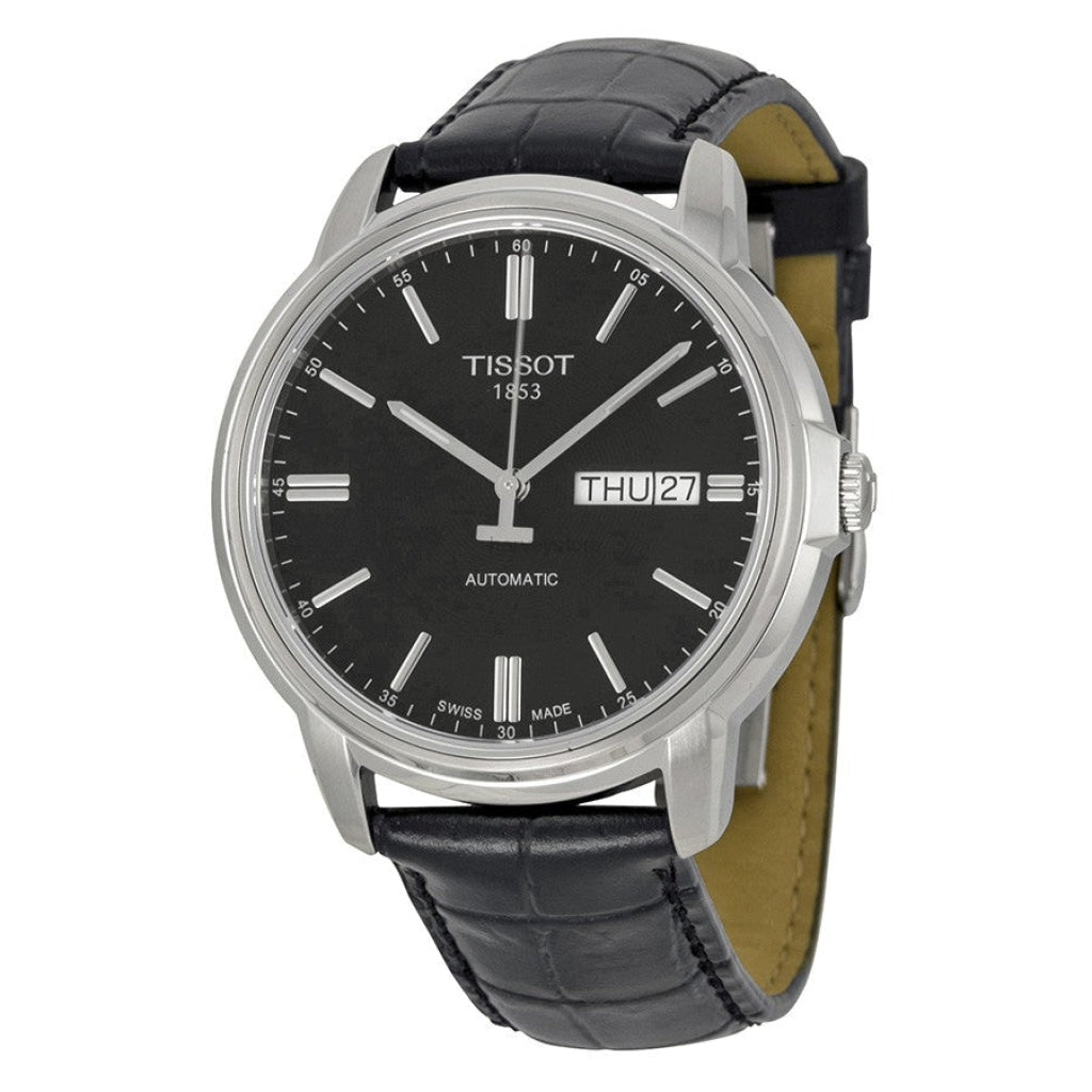 Tissot Automatics III Day Date Black Dial Black Leather Strap