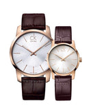 Calvin Klein City White & Gold Dial Brown Leather Strap Watch For Women - K2G23620