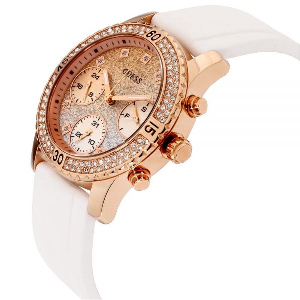 Guess Confetti Crystal Rose Gold Dial White Silicone Strap Watch For Women  - W1098L5