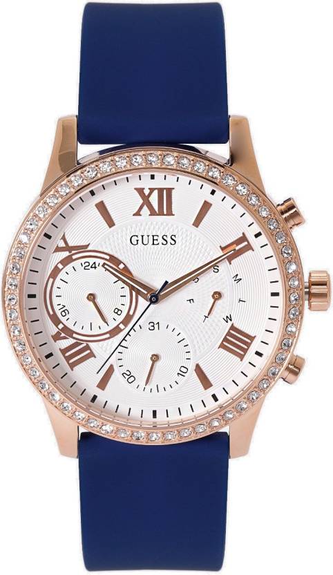 Guess Solar White Rose Gold Dial Blue Rubber Strap Watch For Women