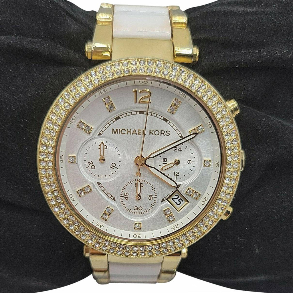 Michael Kors Parker White Dial with Diamonds White Leather Strap Watch ...